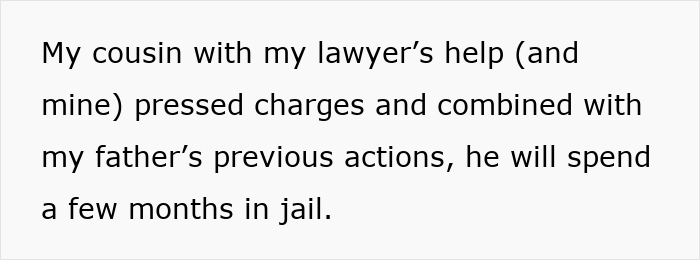 Text showing a personal account about pressing charges leading to the father spending months in jail after a lock change dispute.