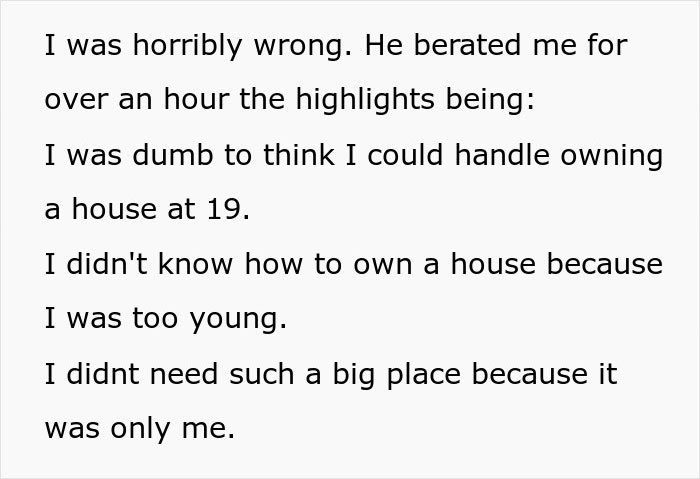 Text excerpt showing a woman expressing regret and realizing she was wrong about owning a house at a young age.
