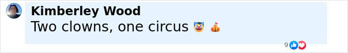 Comment by Kimberley Wood mentioning two clowns and one circus with clown and circus tent emojis.