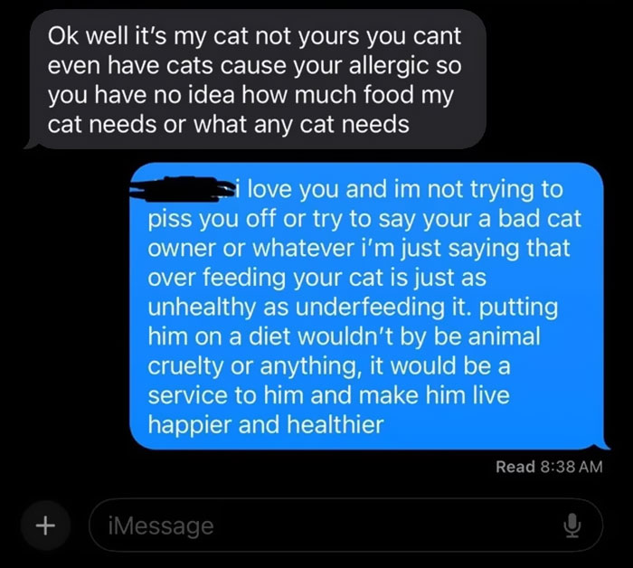 Text messages discussing concerns about a severely overweight cat and the importance of proper feeding and diet. - 9