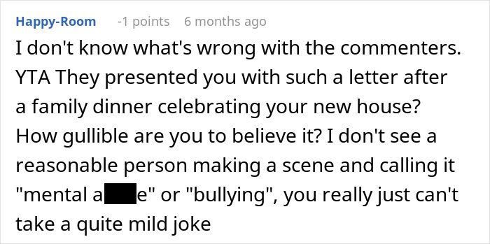 Commenter discussing a fake legal notice prank by family stages causing a woman to cut contact over a mild joke. Commenter discussing a fake legal notice prank by family stages causing a woman to cut contact over a mild joke.