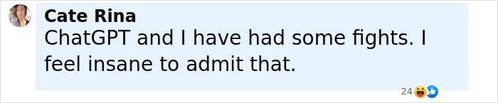 User Cate Rina&rsquo;s social media post saying she feels insane after fights with ChatGPT, highlighting mental distress.