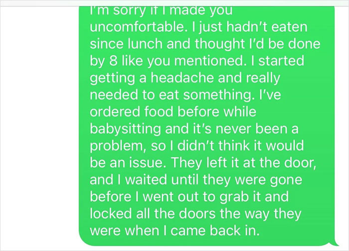 Text message explaining ordering DoorDash while babysitting, apologizing for any overreaction and detailing precautions taken. Text message explaining ordering DoorDash while babysitting, apologizing for any overreaction and detailing precautions taken.