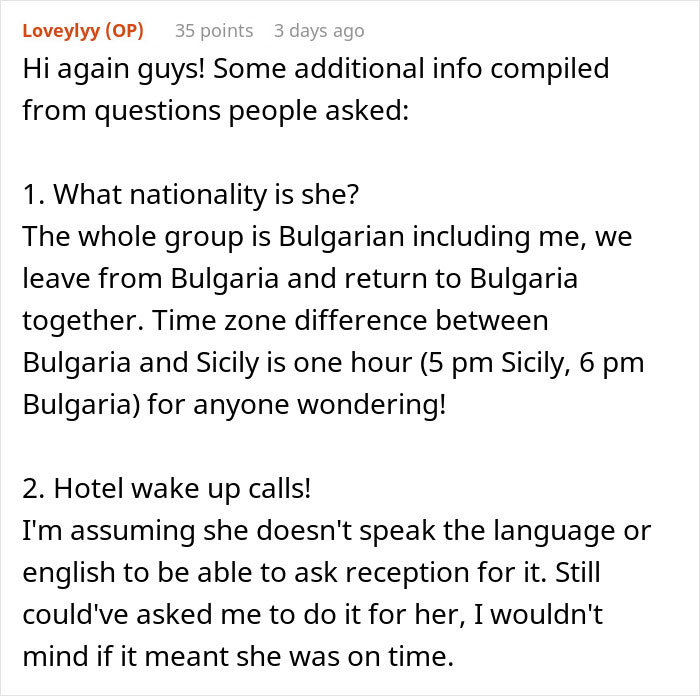 Reddit user provides detailed info on tourist oversleeping and hotel wake-up calls during guided tour in Bulgaria and Sicily. - 43