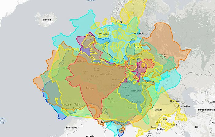 Map overlay comparing Europe with Russia in a colorful, humorous style showing size differences and borders.