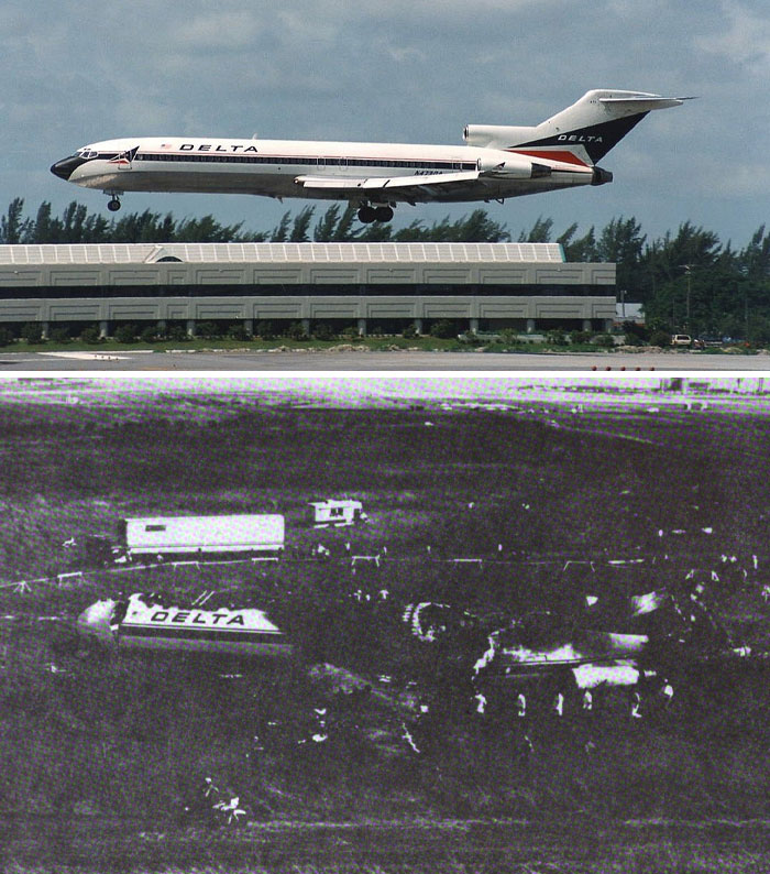 Delta airplane in flight and a crashed Delta plane wreckage, highlighting chilling pilot moments before a plane crash.