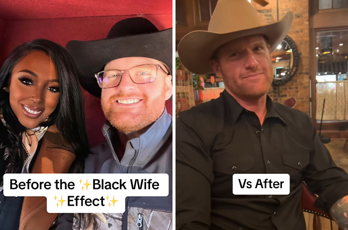 Before and after transformation of men who married a Black woman showcasing confidence and style changes.