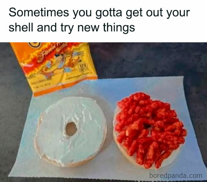 Bagel with cream cheese and Flamin' Hot Cheetos inside, illustrating funny memes about Hispanic experiences and food creativity.