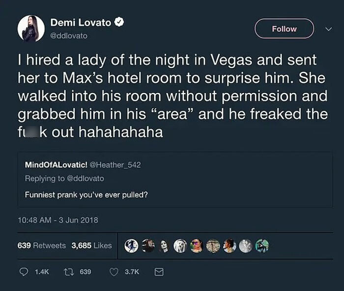 Tweet by Demi Lovato admitting to a shocking x-rated act toward her bodyguard causing fan reactions. Tweet by Demi Lovato admitting to a shocking x-rated act toward her bodyguard causing fan reactions.