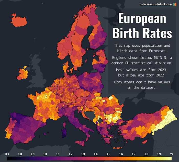 Colored map showing European birth rates by region using data from Eurostat, featuring detailed infographic and data visualization.