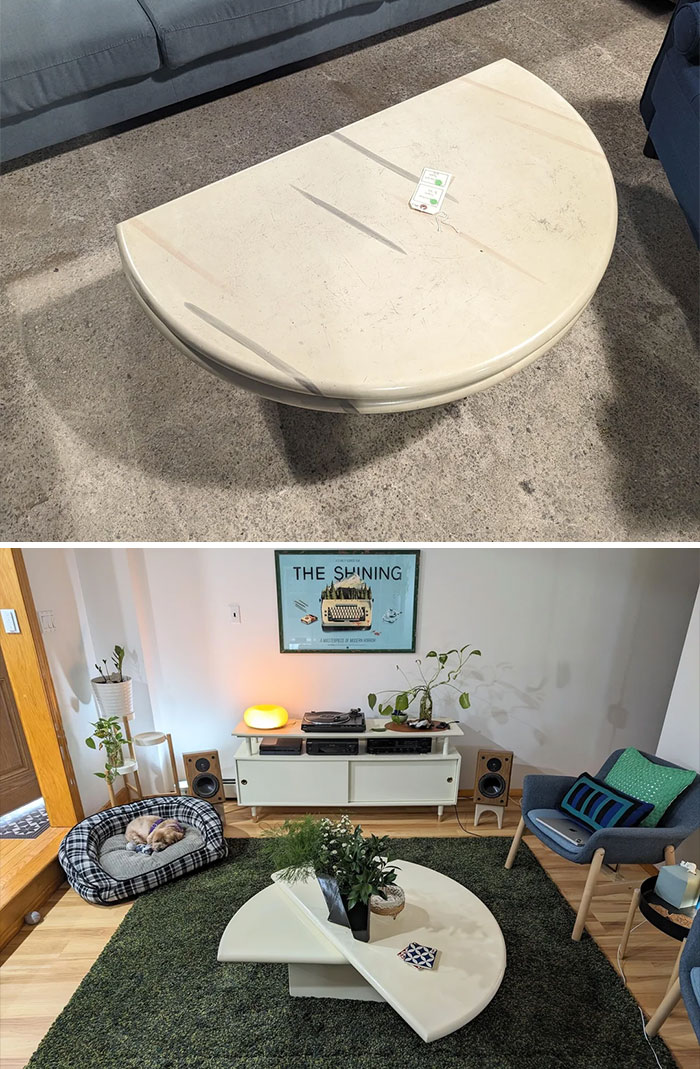 Half-moon coffee table before and after a furniture flipping pros makeover in a modern cozy living room setting.