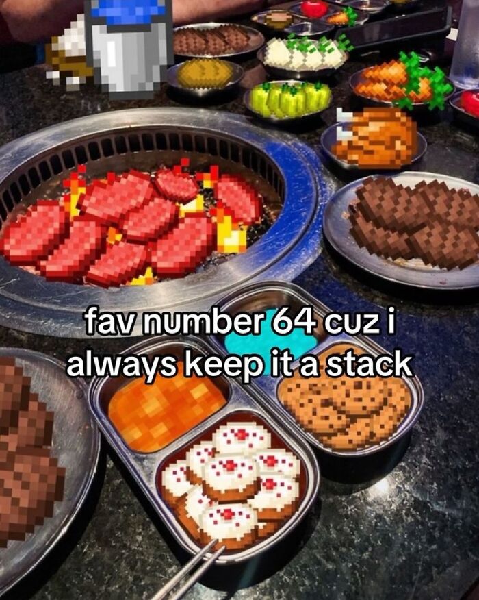 Pixelated food items arranged on a table around a grill, featuring a meme with weird and unhinged humor style.