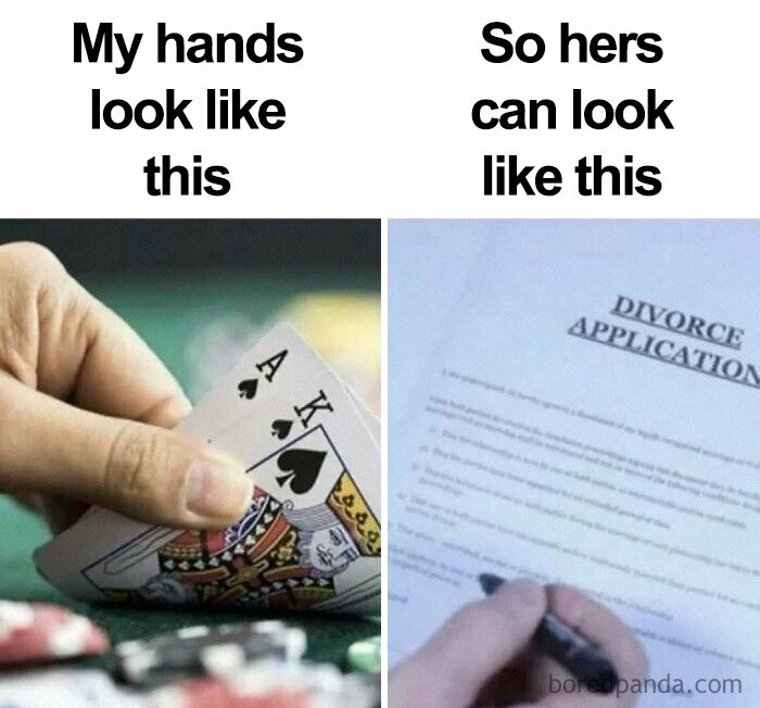 Hand holding a winning poker hand contrasted with a hand signing a divorce application, illustrating a nerdy and weird meme.