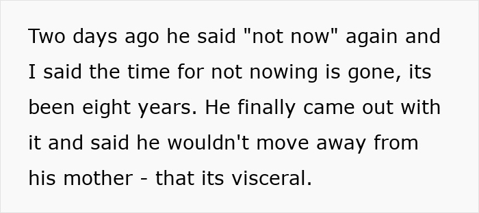 Text message revealing a woman’s frustration after partner refuses to leave his mother despite years of asking. - 5