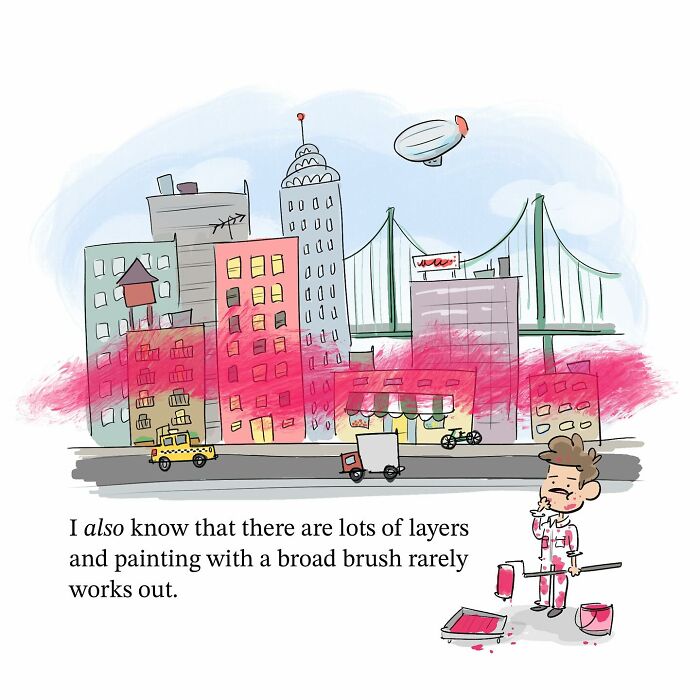 Cartoon Earth and moon with faces in space, illustrating a funny comic about perspective and the brain.