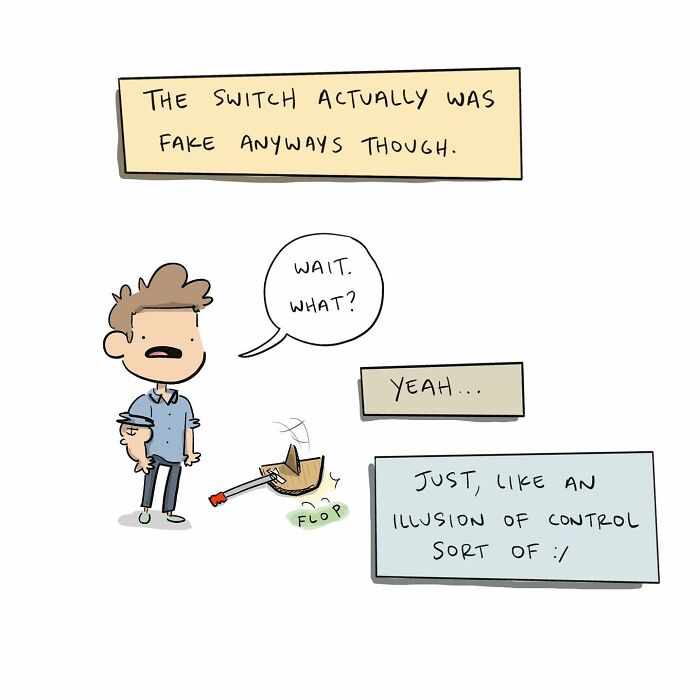 Red runaway trolley speeding down train tracks in a funny comic illustrating arguing with your own brain.