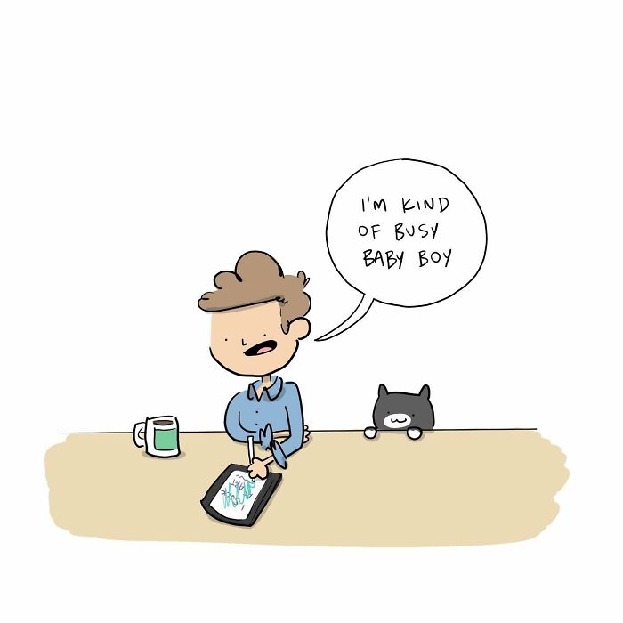 Cartoon of a person smiling at a table with a mug and a tablet showing a funny comics drawing.