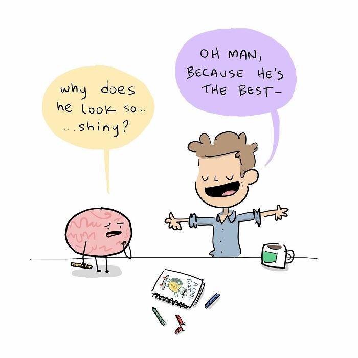 Funny comics showing a person ignoring their brain, which is drawing a colorful picture nearby.