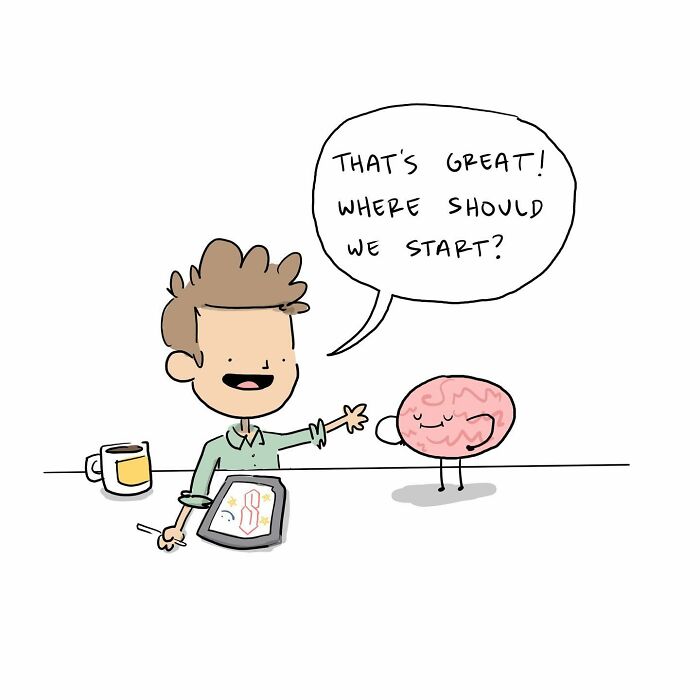 Cartoon of a person drawing with a walking brain beside them labeled walking with purpose, funny comics brain theme.