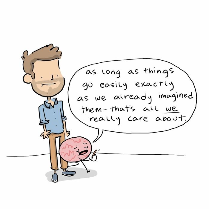 Cartoon of a man arguing with a talking brain saying we’re so easygoing, illustrating funny comics about arguing with the brain.
