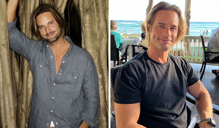 Actor from Lost cast 15 years after the show, pictured in casual wear with long hair in two different settings.
