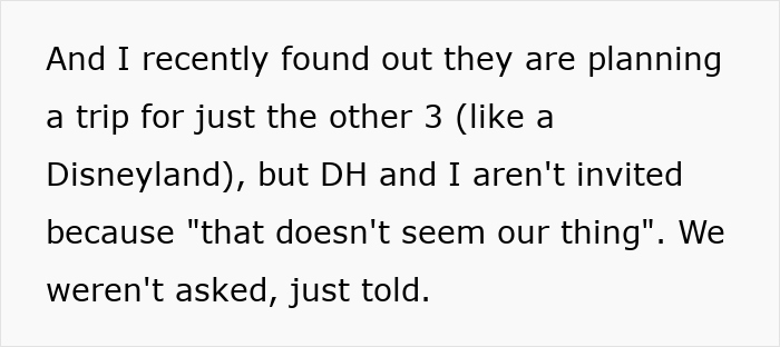 Screenshot of text explaining a couple was excluded from a trip because it “doesn’t seem our thing,” revealing social tension. - 6