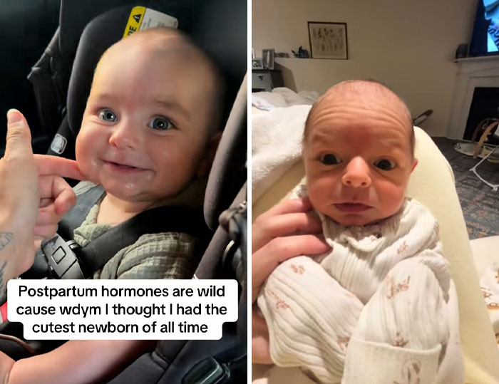 Smiling and surprised newborns held by women highlighting the impact of postpartum hormones in candid home settings.