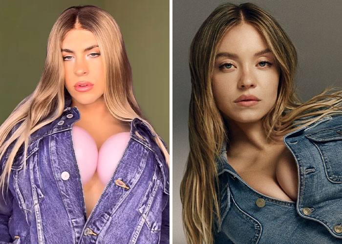 Left image of comedian parodying Sydney Sweeney’s American Eagle jeans ad next to original ad featuring Sydney Sweeney. - 8