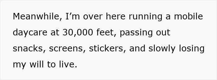 Text showing a mom describing running a mobile daycare at 30,000 feet while handling snacks, screens, and stickers on a flight.