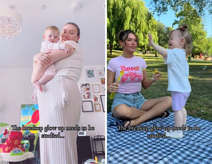 Comparison photos showing the breakup glow-up effect with women and children in home and park settings.