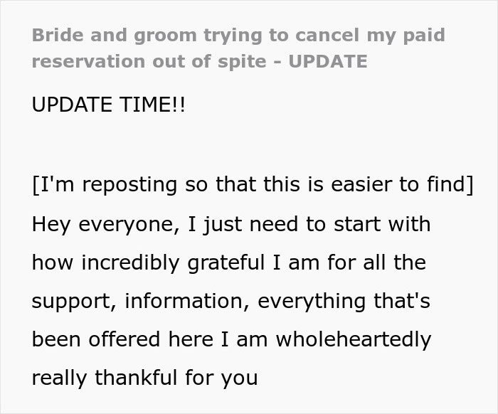 Text post update about bride trying to cancel guest’s resort room out of spite, expressing gratitude for support. - 34