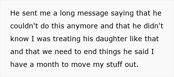 Text message describing a breakup and a one-month deadline to move out, involving a dad&rsquo;s relationship sabotage.
