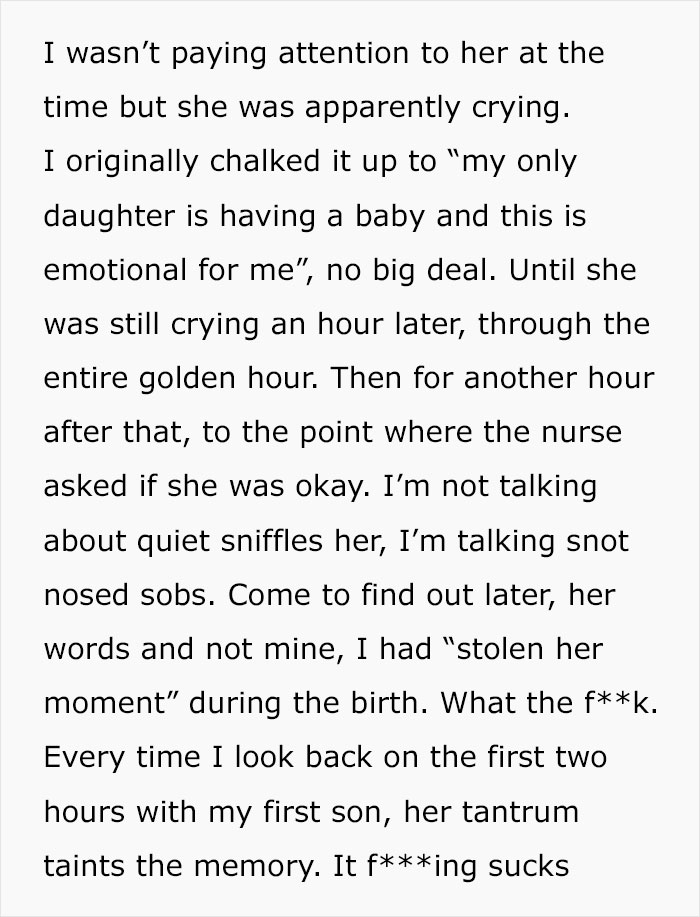 Text excerpt showing a woman upset as her sister-in-law took her daughter away and tainted her son's birth memory with a tantrum.
