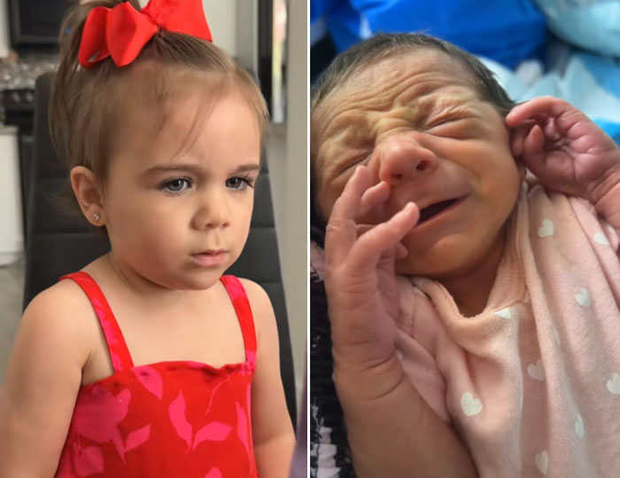 Young toddler in a red dress and newborn baby in pink, highlighting postpartum hormones and motherhood challenges.