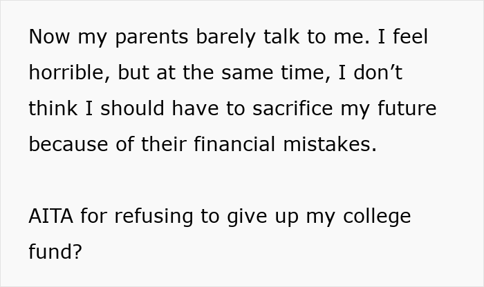 Text on screen showing a teen refusing to sacrifice her future due to parents’ financial mistakes and strained relations. - 7