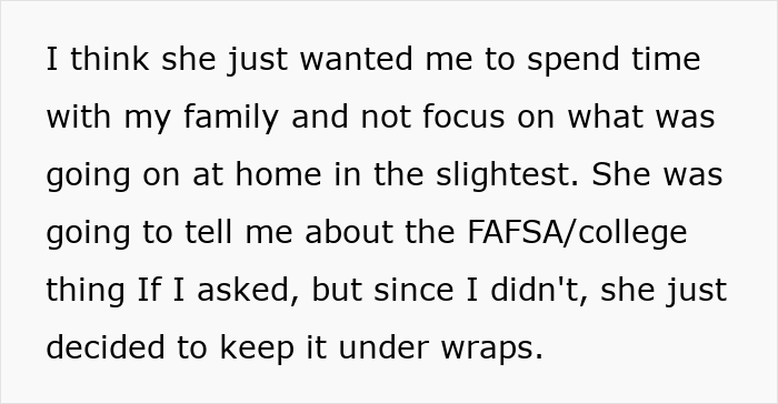 Text excerpt discussing a girlfriend keeping FAFSA and college information private, related to best friend saw girlfriend another man check email.