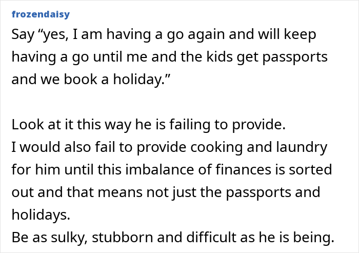 Text discussing a husband saying wife and kids aren't allowed passports due to financial constraints and imbalance. - 49
