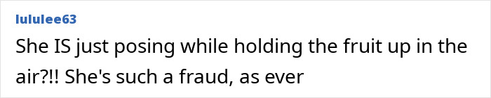 User comment accusing Meghan Markle of being a fraud while posing with fruit, sparking wild accusations.