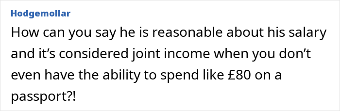 Comment about husband saying wife and kids not allowed passports due to affordability issues on social media post. - 38