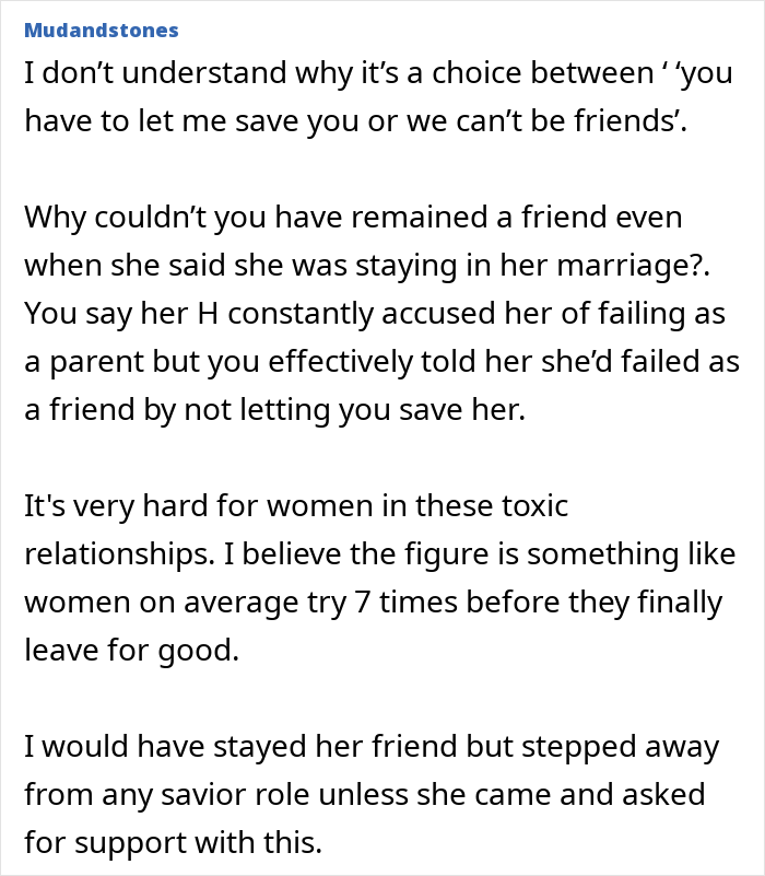 Text post discussing cutting off a friend who stayed in an abusive marriage and challenges of toxic relationships.