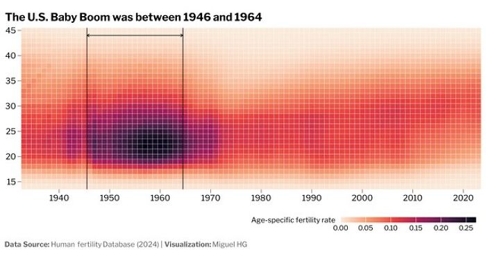 Heatmap showing U.S. baby boom fertility rates from 1940 to 2020 with emphasis on 1946 to 1964 in a detailed map visualization.