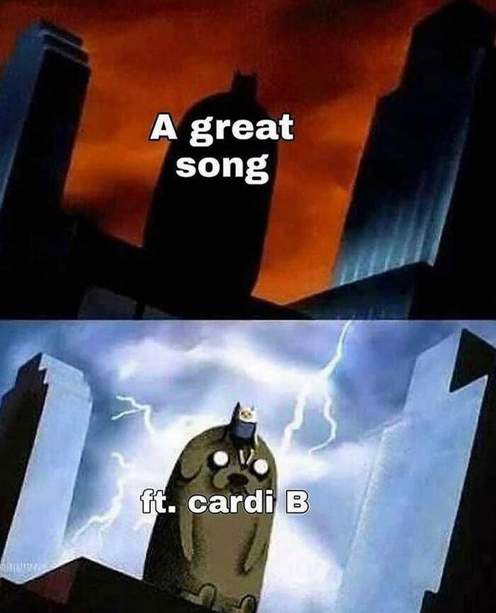 Batman-themed meme with dark cityscape labeled a great song, and a cartoon dog wearing a Batman mask with text ft. cardi B, weird humor meme.