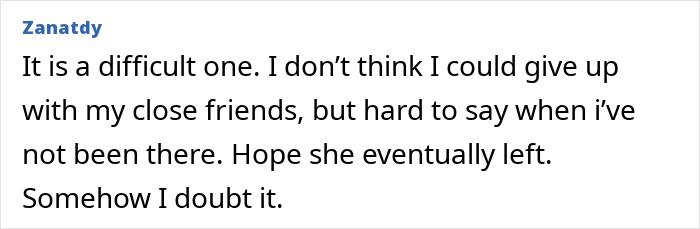 Screenshot of a comment discussing cutting off a friend who stayed in an abusive marriage and expressing doubt about her leaving.