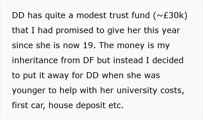 Text discussing a modest trust fund of about &pound;30k promised for a daughter&rsquo;s university and future expenses.