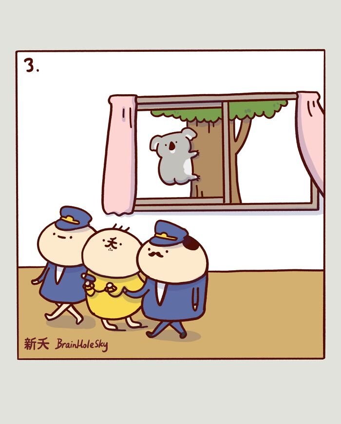 Comic panel showing cute animal characters and police officers in a humorous, relatable scene from a comic series.