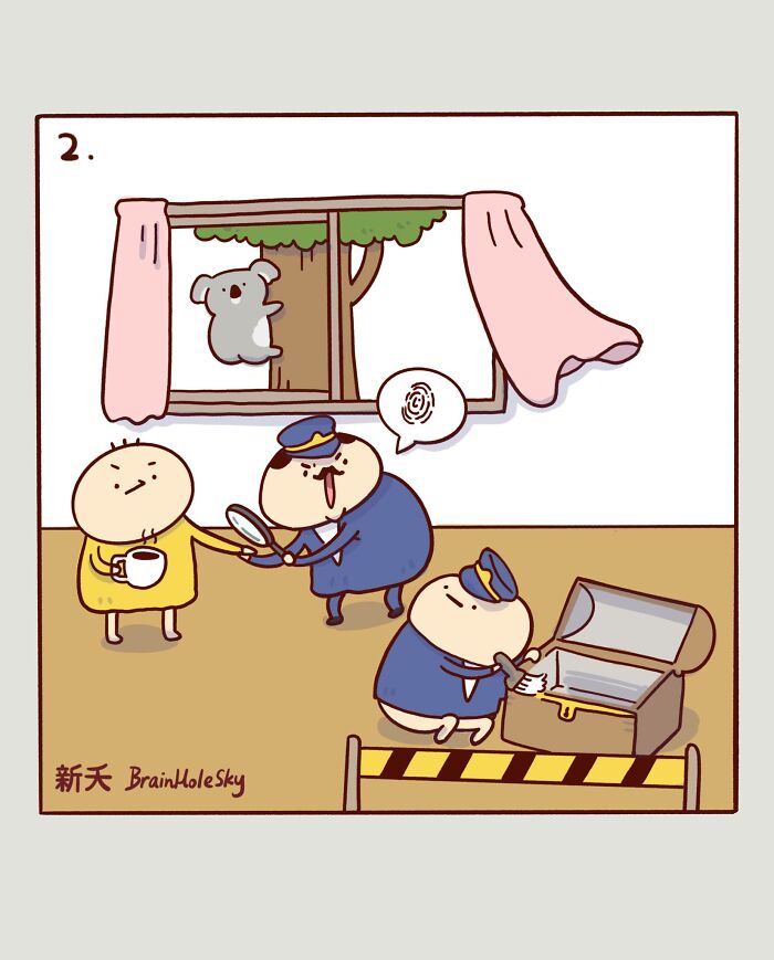 Comic panel showing cute animal characters and police officers in a humorous, relatable scene from a comic series.