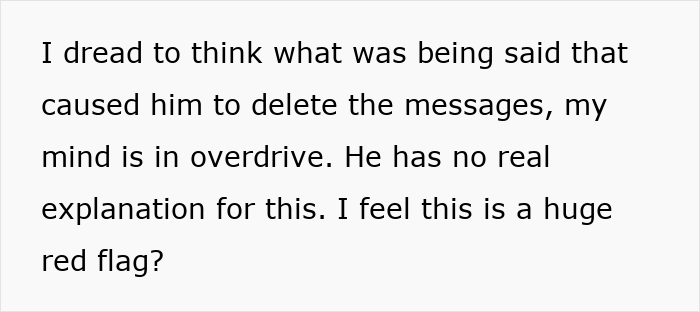 Text excerpt showing a woman worried about deleted messages, highlighting red flags in a husband&rsquo;s communication.