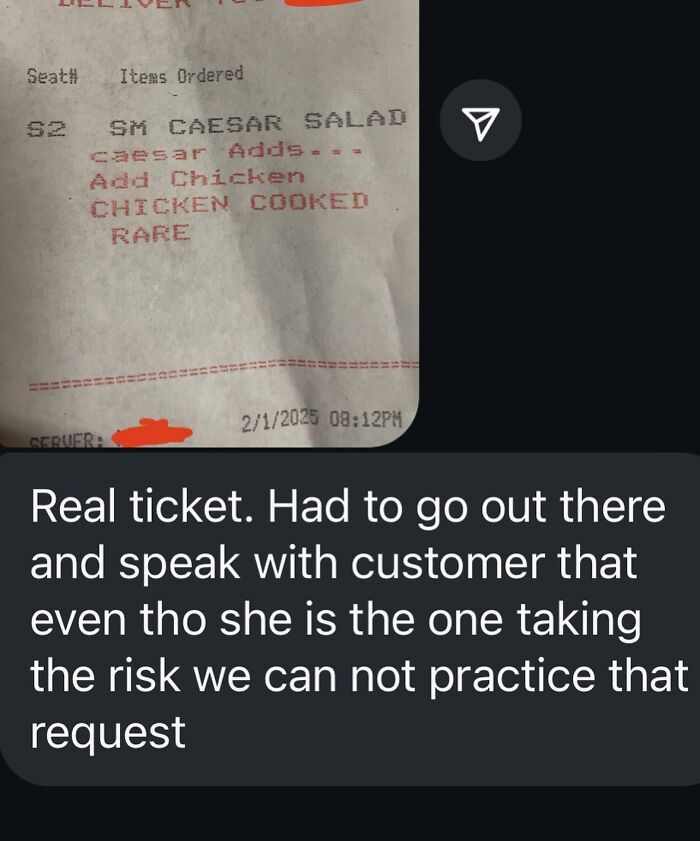 Restaurant order ticket showing a request for chicken cooked rare, highlighting relatable chef meme humor.