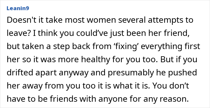 Text post from a forum discussing the reasonableness of cutting off a friend who stayed in an abusive marriage.