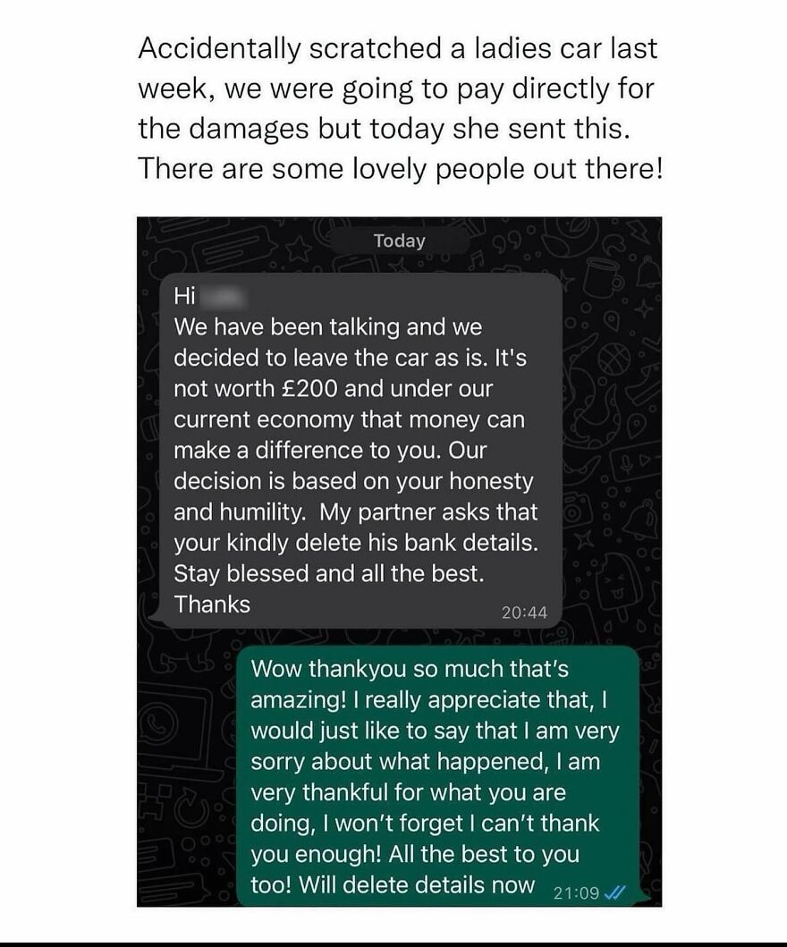Text conversation showing a kind and honest exchange related to a car scratch, featuring British humor and goodwill.
